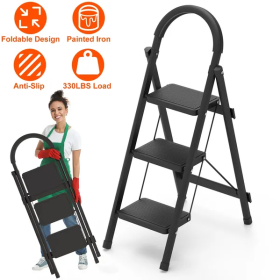 3-Step Folding Ladder, 330lbs Load Capacity, Lightweight 6.94lbs with 1.57in Folding Width, Heavy Duty Steel Construction, Non-Slip Pedals & Feet (Color: BLACK)