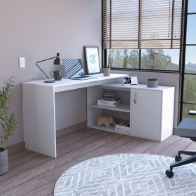 Boston L-Shaped Desk, Single Door Cabinet, Two Open Shelves, Two Interior Shelves (Color: White)