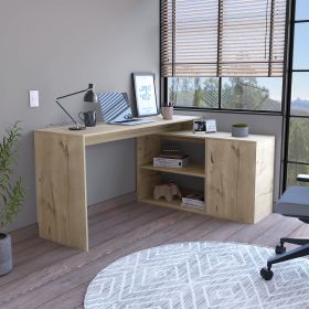 Boston L-Shaped Desk, Single Door Cabinet, Two Open Shelves, Two Interior Shelves (Color: Light Oak)